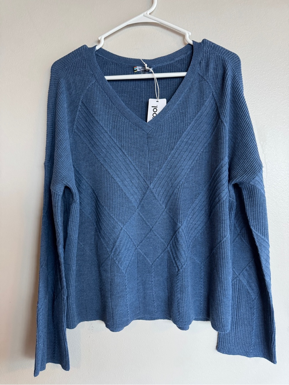 NWT Smartwool Blue V-Neck Merino Wool Blend Diamond Ribbed Sweater Medium M